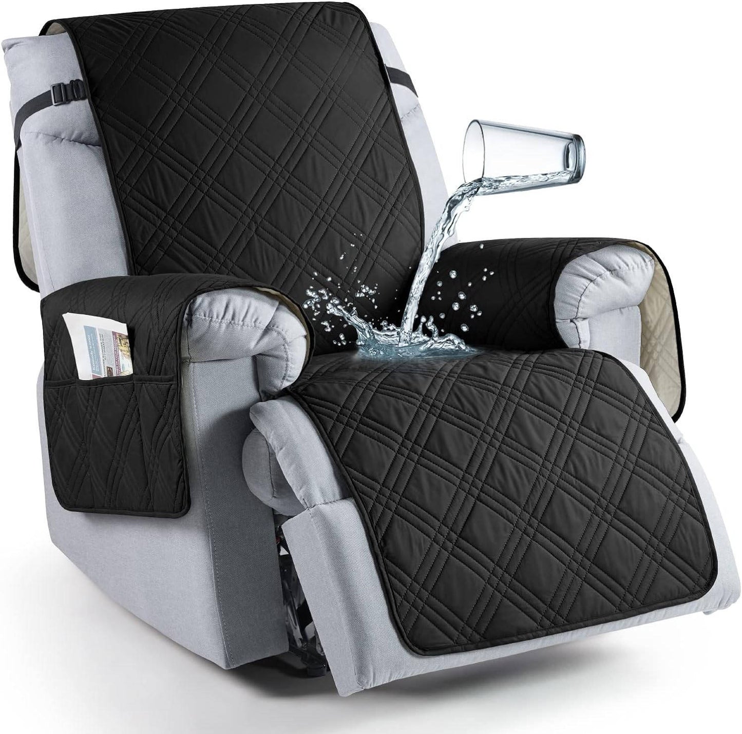 Recliner Seat Cover with Waterproof TPU Coating and Storage Pockets, Machine Washable