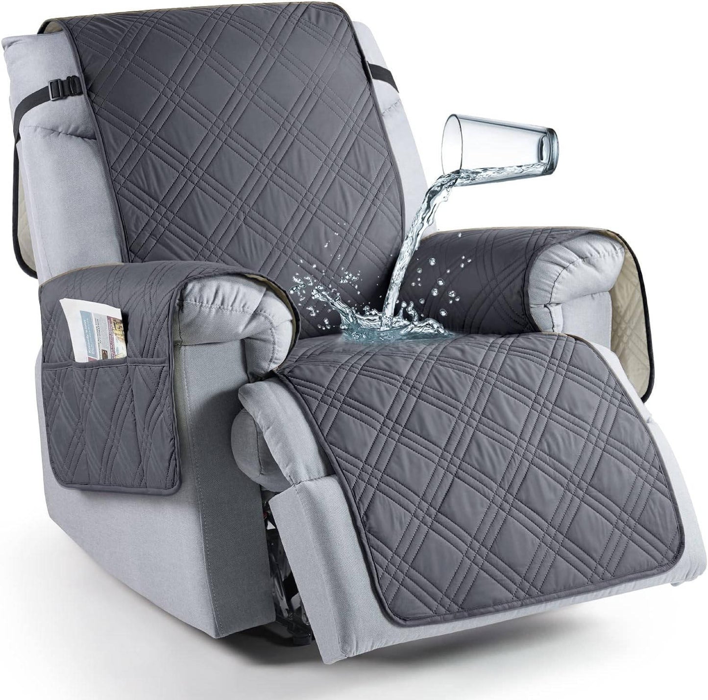 Recliner Seat Cover with Waterproof TPU Coating and Storage Pockets, Machine Washable