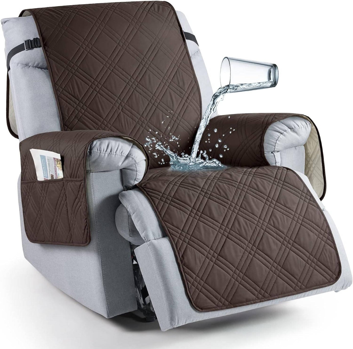 Recliner Seat Cover with Waterproof TPU Coating and Storage Pockets, Machine Washable