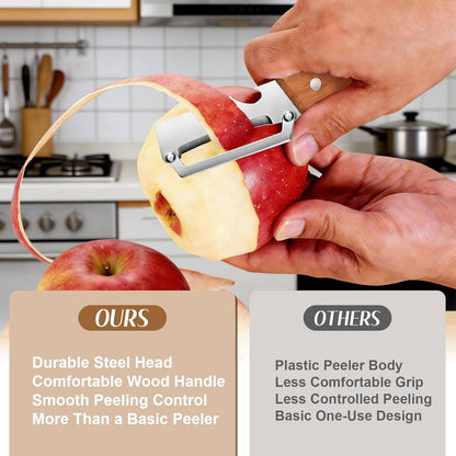 2026 Upgrade Vegetable Peeler with Wooden Handle & Stainless Steel Wide Blade, 3 in 1 Potato & Carrot Peeler with Scallion Shredder and Bottle Opener for Kitchen, Camping & Travel