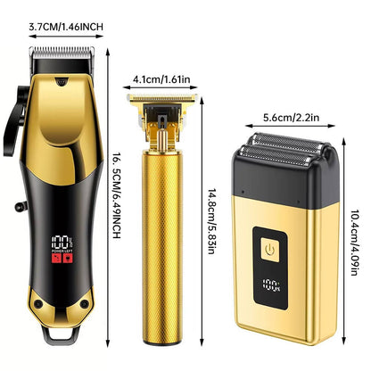 Professional Gold Hair Clipper Trimmer Kit for Men, 3 Piece USB Rechargeable Barber Set