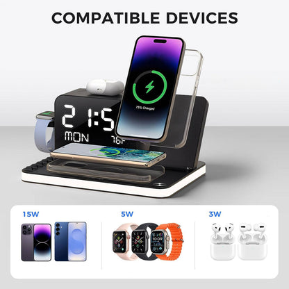 7 in 1 Wireless Charging Station Fast Charger, LED Clock Night Light for iPhone Android Apple Watch AirPods
