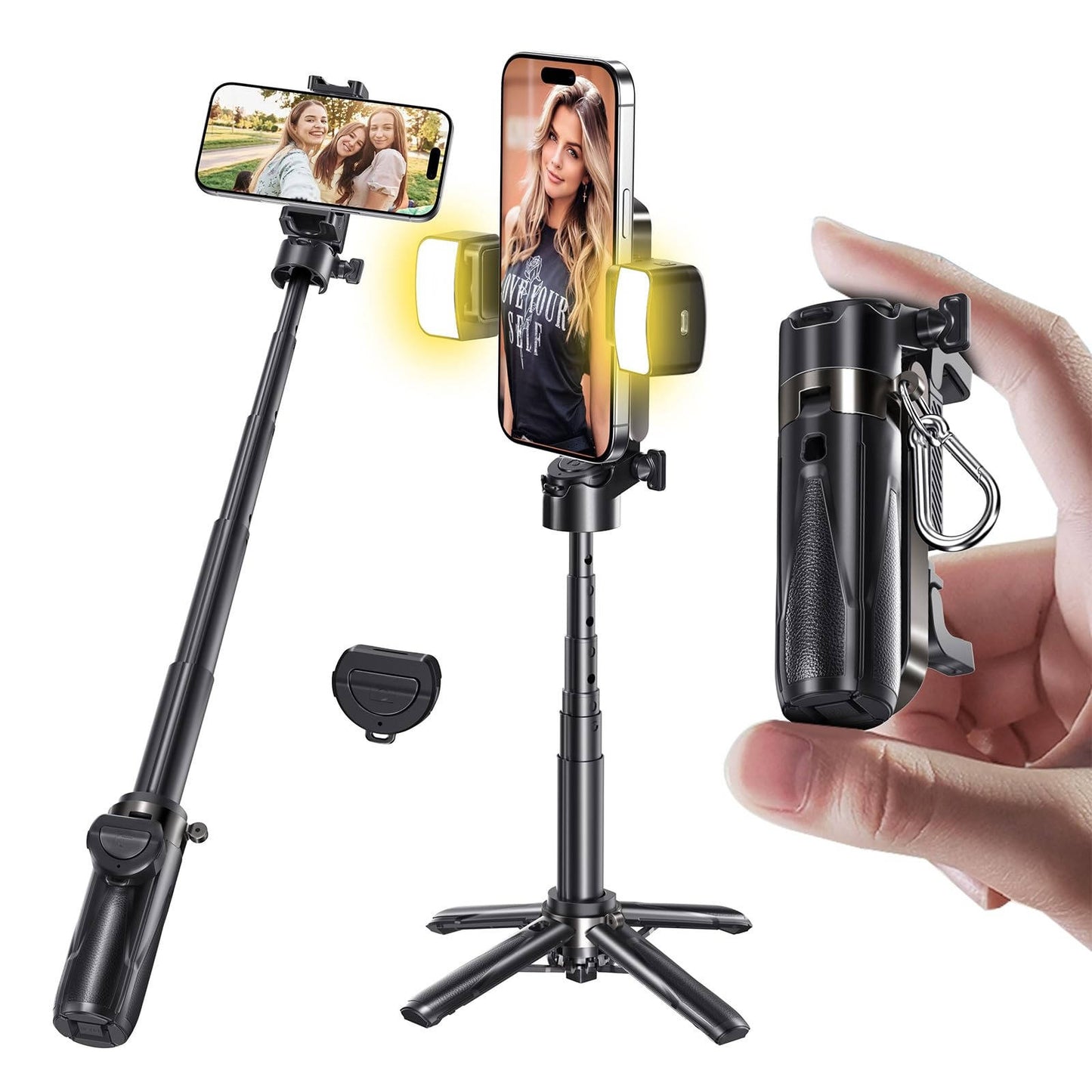 Selfie Stick with Fill Light Portable Tripod, Pocket Size Wireless Remote Phone Stand