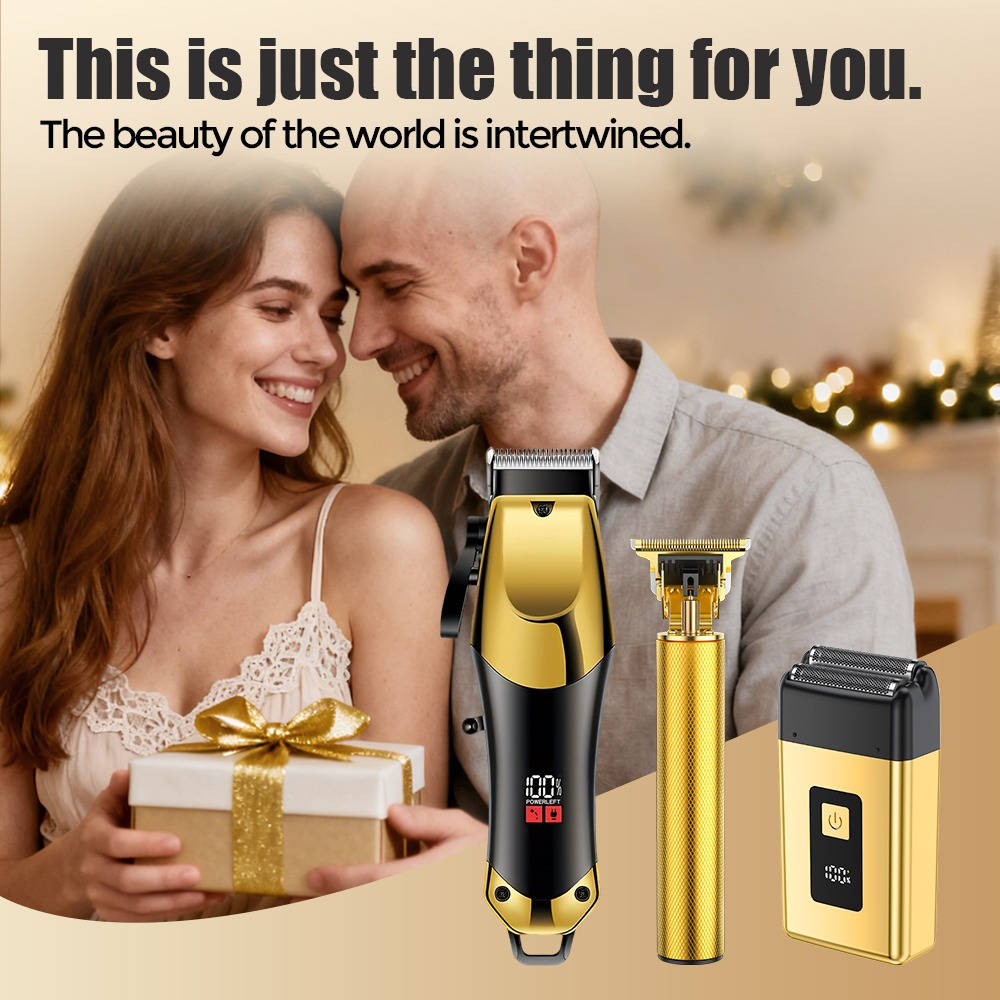 Professional Gold Hair Clipper Trimmer Kit for Men, 3 Piece USB Rechargeable Barber Set