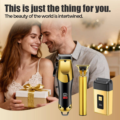 Professional Gold Hair Clipper Trimmer Kit for Men, 3 Piece USB Rechargeable Barber Set