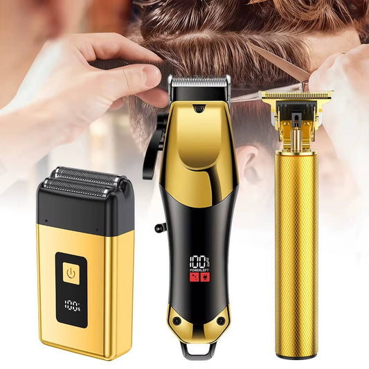 Professional Gold Hair Clipper Trimmer Kit for Men, 3 Piece USB Rechargeable Barber Set