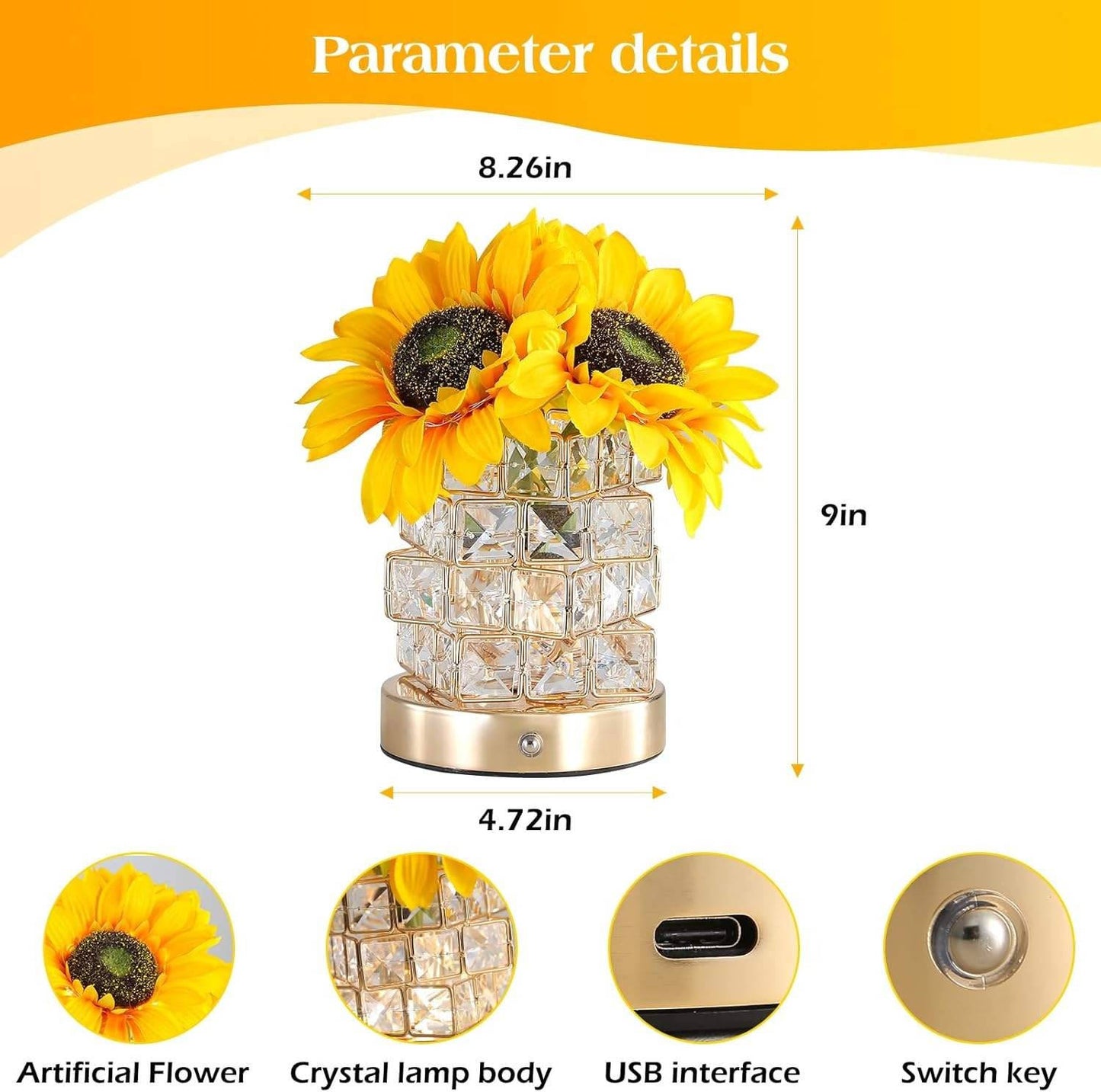 Sunflower LED Touch Lamp Rechargeable, Cordless Dimmable Night Light Home Decor Gift