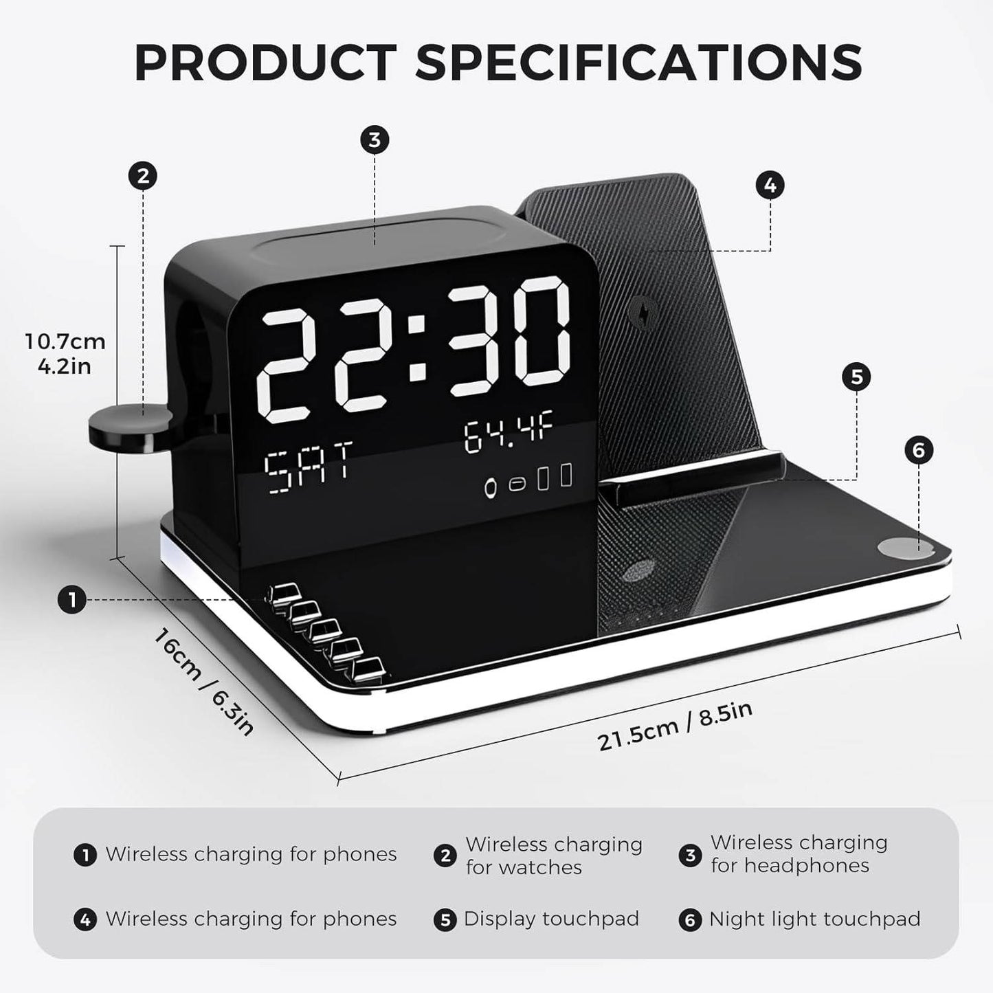 7 in 1 Wireless Charging Station Fast Charger, LED Clock Night Light for iPhone Android Apple Watch AirPods