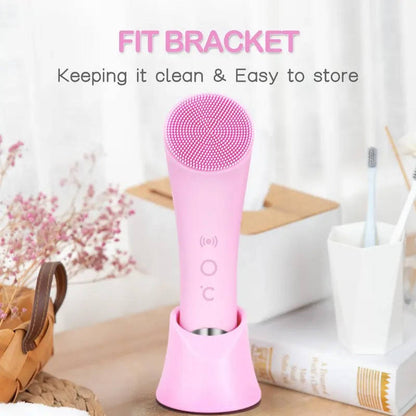 Electric Silicone Facial Cleansing Brush, Heated Vibrating Face Scrubber Exfoliator