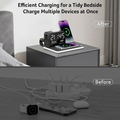 7 in 1 Wireless Charging Station Fast Charger, LED Clock Night Light for iPhone Android Apple Watch AirPods