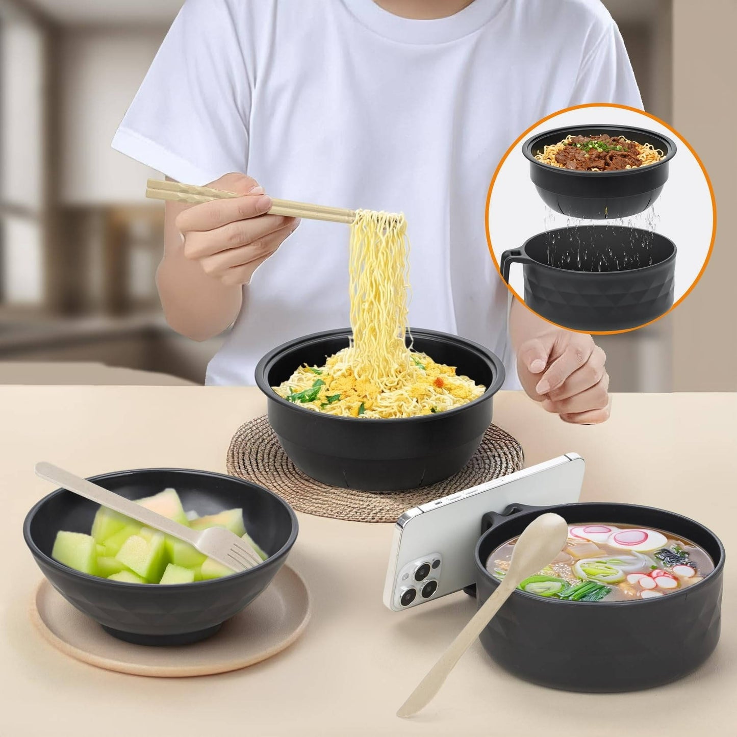6PC Microwave Ramen Bowl Set with Lid and Handle, Instant Ramen Noodle Cooker and Soup Bowl, Portable Microwaveable Dorm Room & College Essentials Tableware