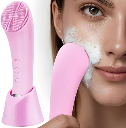 Electric Silicone Facial Cleansing Brush, Heated Vibrating Face Scrubber Exfoliator