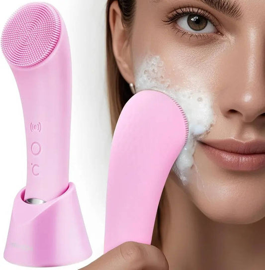 Electric Silicone Facial Cleansing Brush, Heated Vibrating Face Scrubber Exfoliator