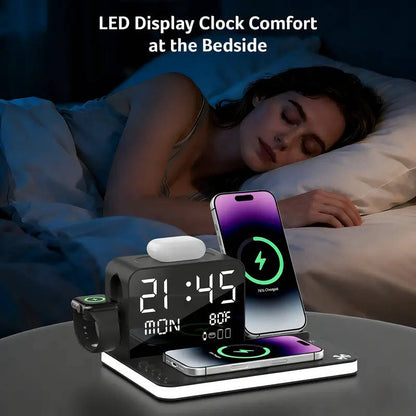 7 in 1 Wireless Charging Station Fast Charger, LED Clock Night Light for iPhone Android Apple Watch AirPods