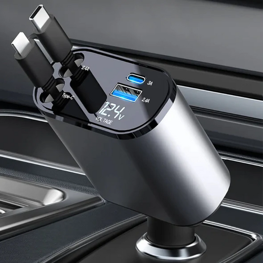 Retractable Car Charger with Dual Cables and Four Charging Ports