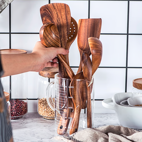 Teak Wood Cooking Utensils Set with Heat-Resistant Handle and Non-Stick Cookware Safe, 8-Piece Handcrafted