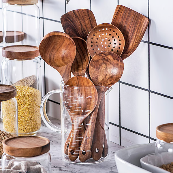 Teak Wood Cooking Utensils Set with Heat-Resistant Handle and Non-Stick Cookware Safe, 8-Piece Handcrafted