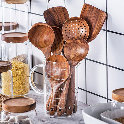Teak Wood Cooking Utensils Set with Heat-Resistant Handle and Non-Stick Cookware Safe, 8-Piece Handcrafted