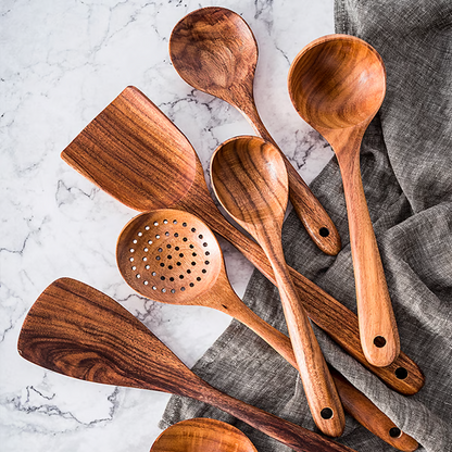 Teak Wood Cooking Utensils Set with Heat-Resistant Handle and Non-Stick Cookware Safe, 8-Piece Handcrafted